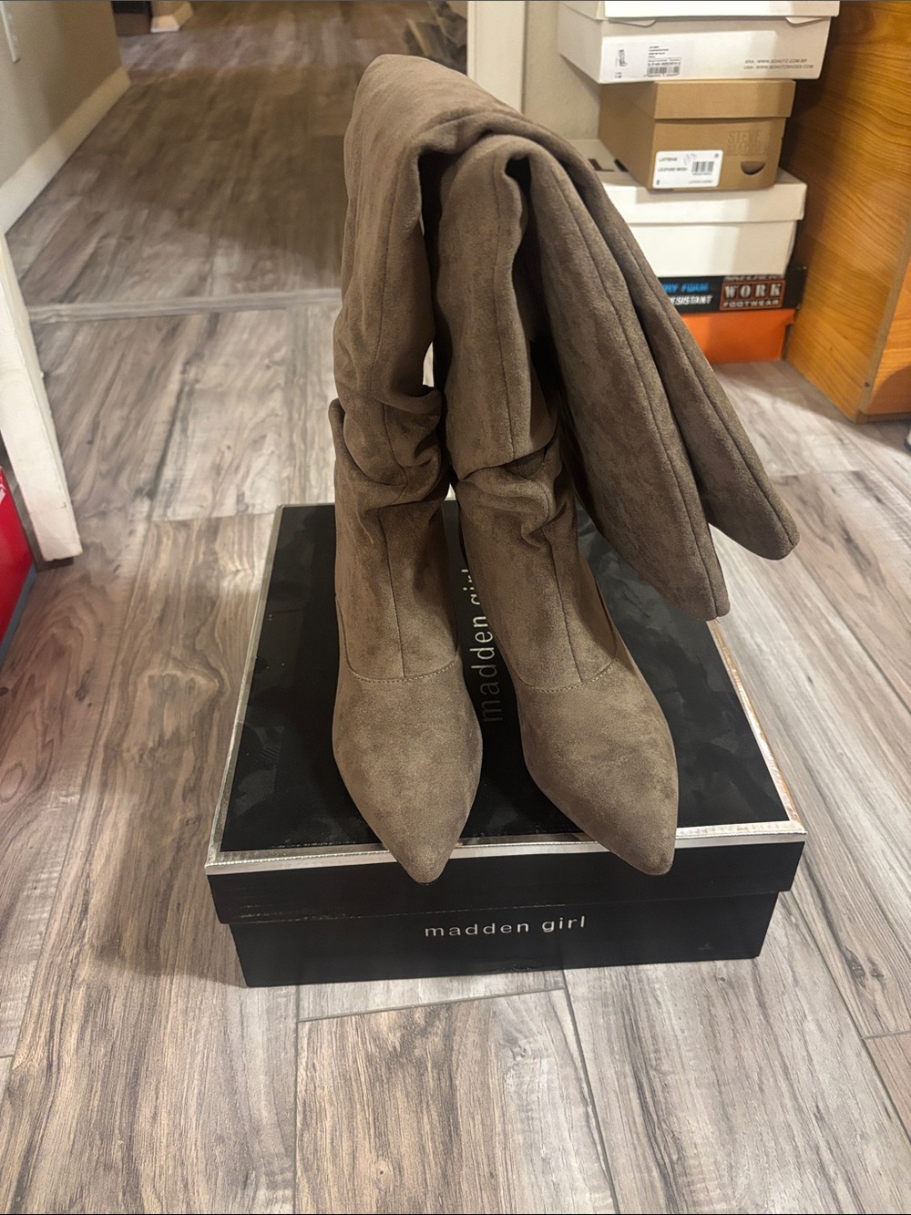 Madden Girl Olive-Taupe Over-the-Knee Pointed Toe Boots